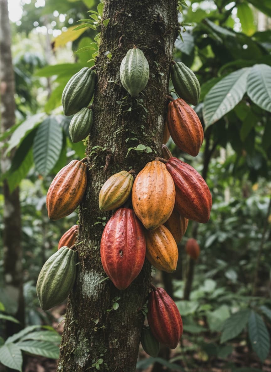 Cocoa pods on tree