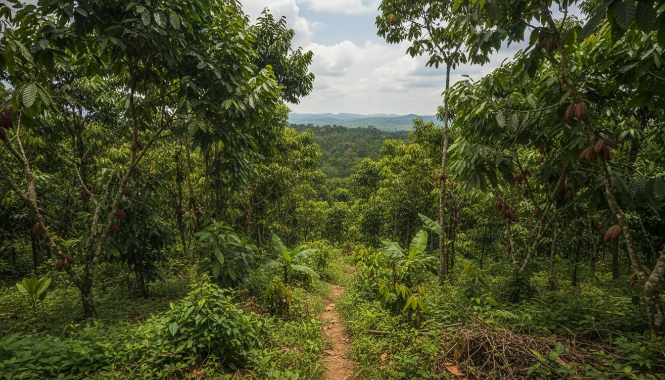 Lush cocoa farm landscape
