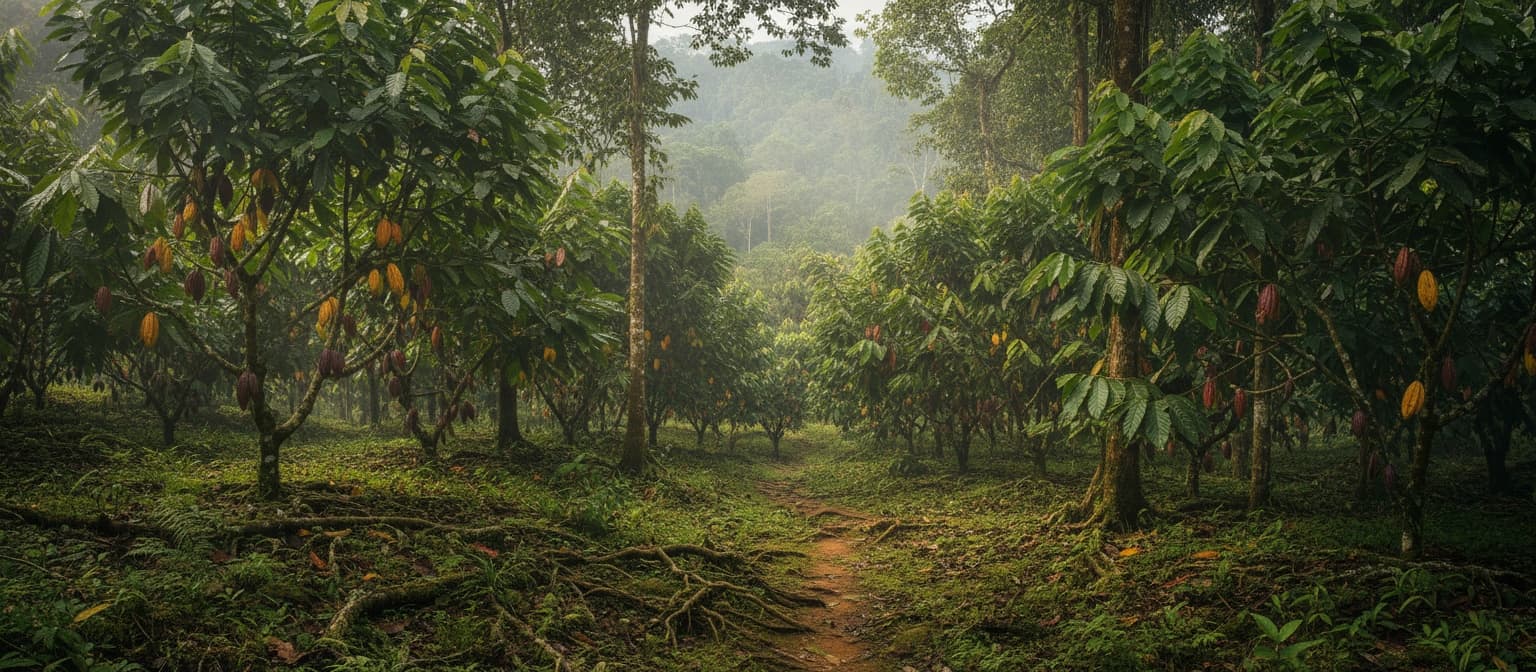 Lush cocoa farm landscape