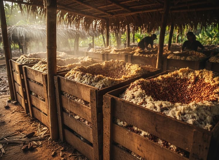 Cocoa beans fermenting in wooden boxes