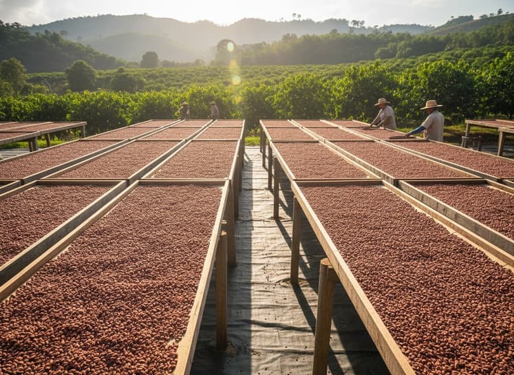 Cocoa beans drying in sun on raised beds