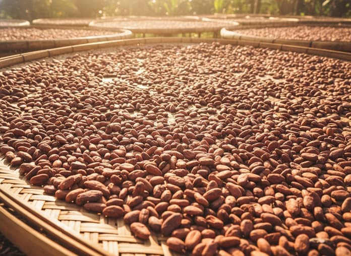 Cocoa beans drying in the sun on raised beds