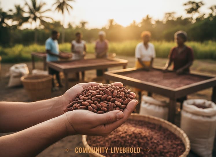Hands holding cocoa beans