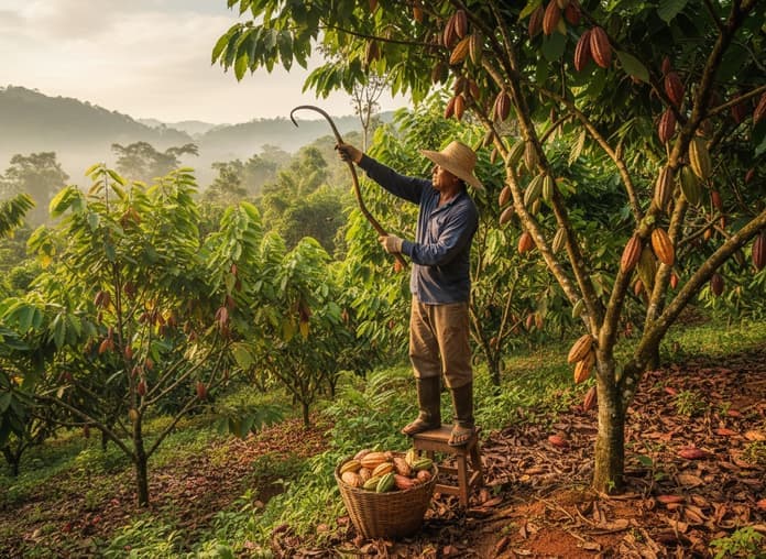 Farmer harvesting ripe cocoa pods