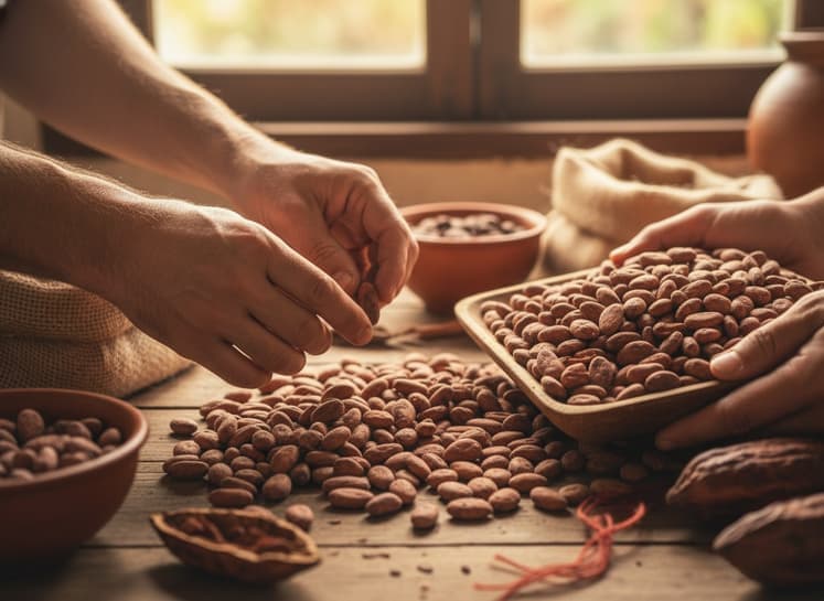 Hands holding cocoa beans for quality inspection