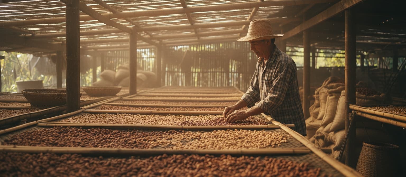 Farmer inspecting cocoa beans in drying area