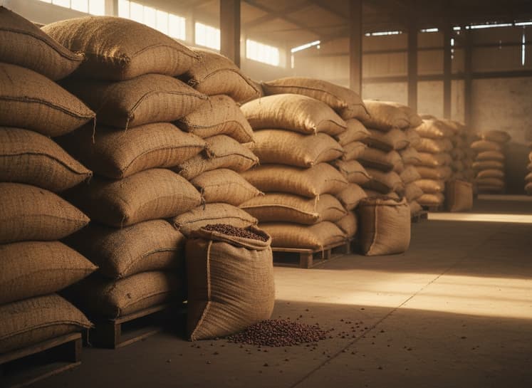 Stacked bags of cocoa beans ready for export